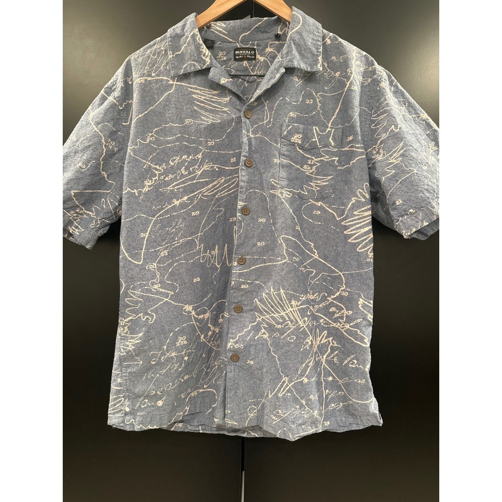 Buffalo David Bitton Mens Blue Nautical Map Print Cotton Button Down Shirt Large